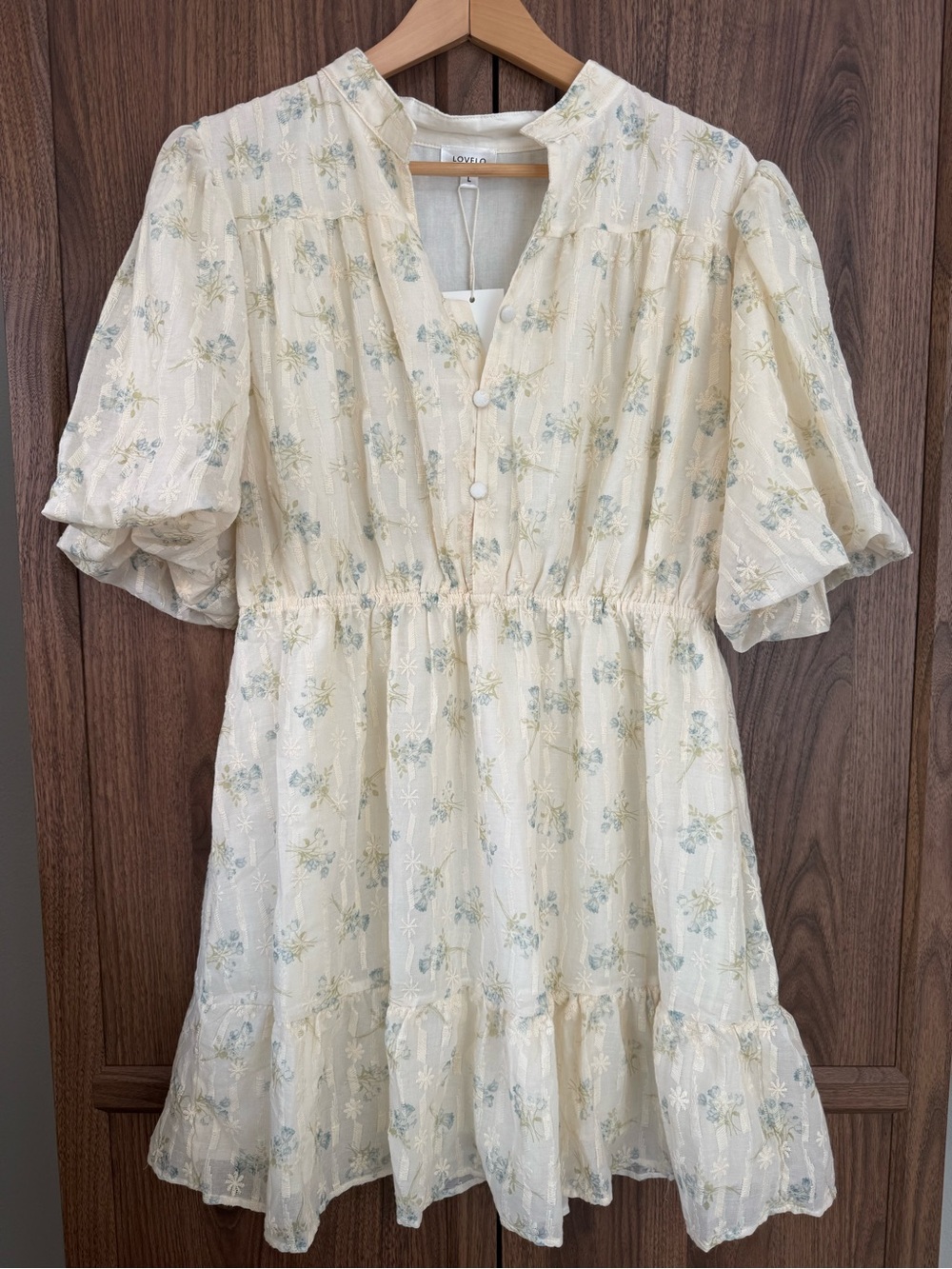 Lovelo WOMEN'S SHORT PUFF SLEEVE BUTTON UP ELASTIC WAIST FLORAL MINI DRESS (NWT)
